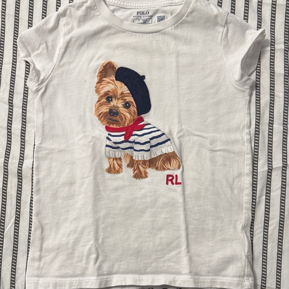 Ralph Lauren White Tee with Dog in Stripes